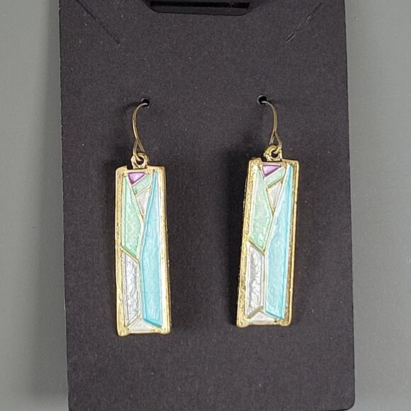 Art Deco Style Dangle Earrings Gold Tone Pastel Enamel Pierced Hook w/ Gift Bag - Picture 1 of 11